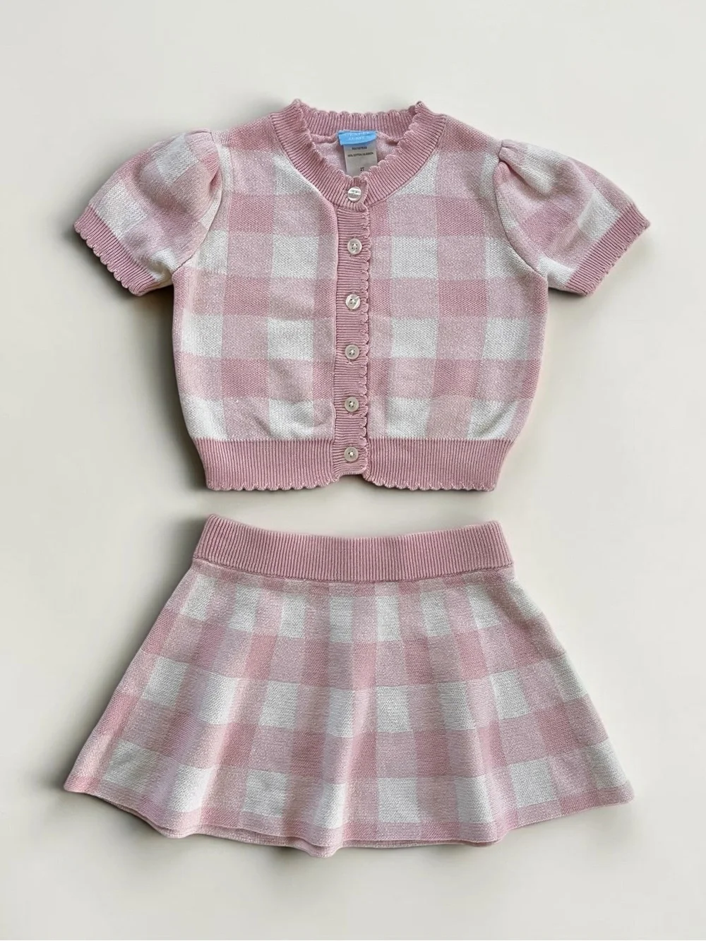 DRAPER JAMES VGUC Oversized Blush Pink Gingham Knit Cardigan Skirt Set